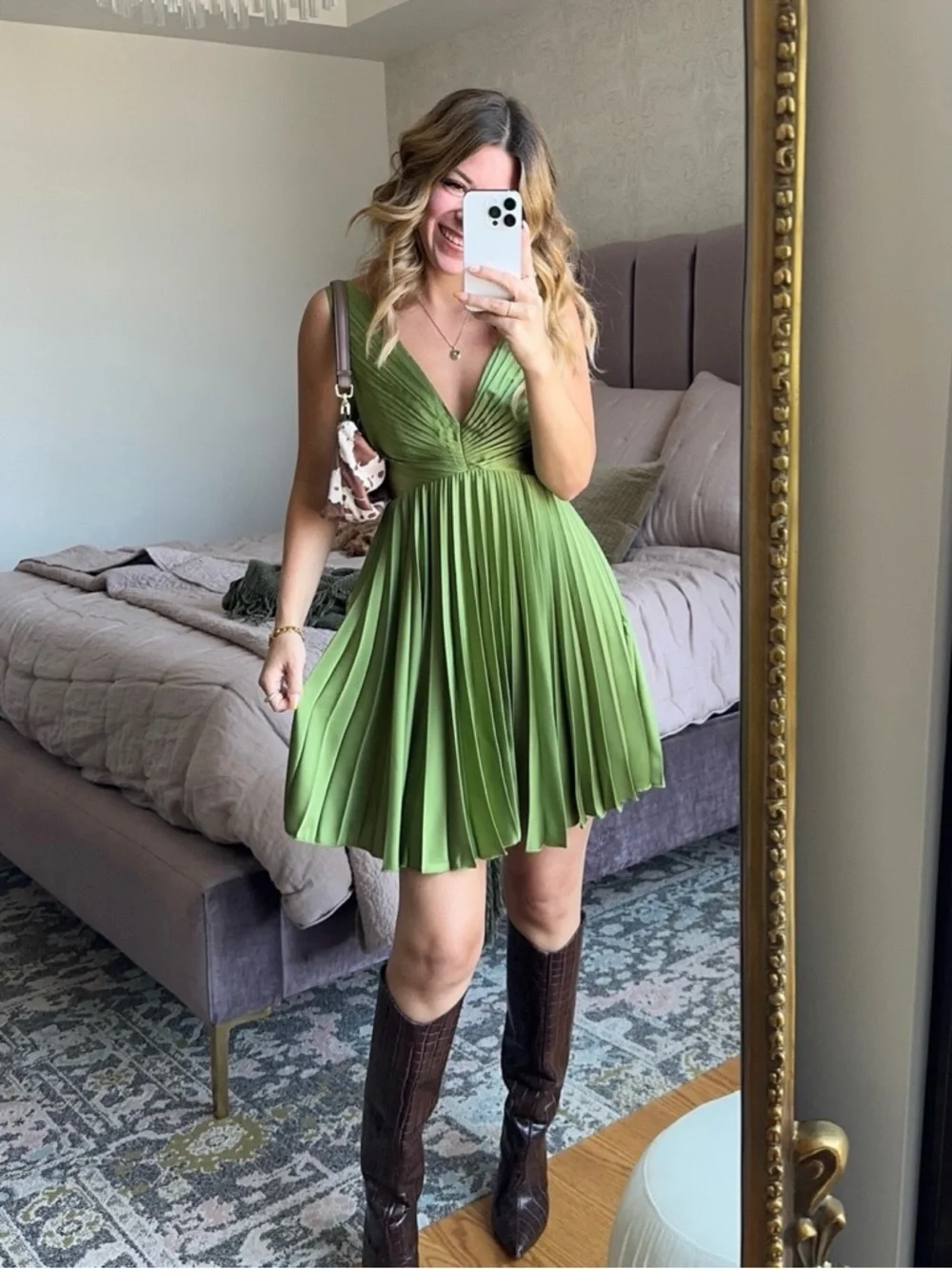 Abercrombie & Fitch | A&F Giselle Olive Pleated V-Neck Mini Dress ~ XLP